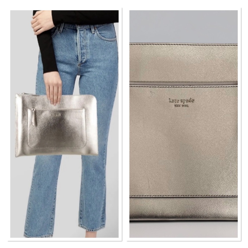 Kate Spade Metallic Champagne Silver  Saffiano Leather Laptop Sleeve Clutch Bag